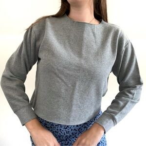 Cropped gray crewneck sweatshirt.